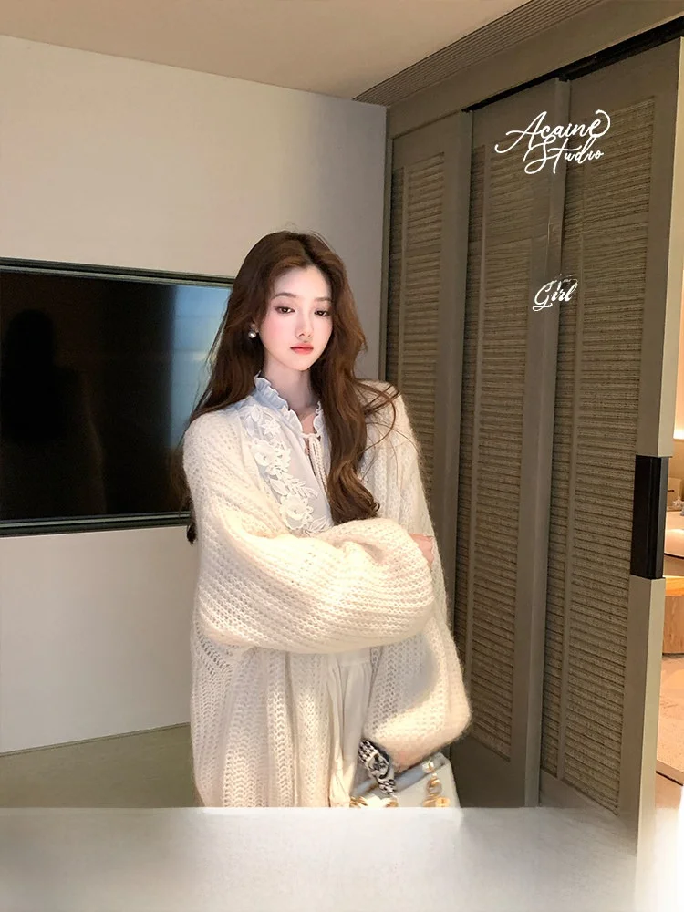 

Acaine Ele Open Cardigan Women's Long Sve Hollow Knitted Lantern Sve Camere Coat White Autumn Faion Soft V-Ne