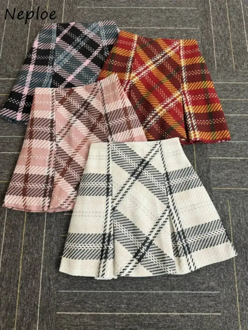 

Sweet Vintage Feminine Literary Short Falda Wool A-Line High Waist All-Match Mujer Faldas Japan Plaid Casual Moda Skirt