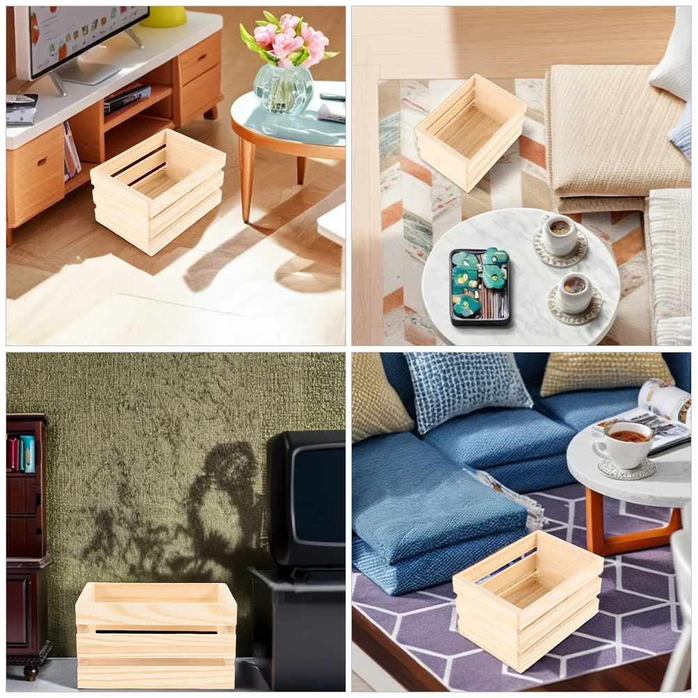 4Pcs Miniature Wood Crates Dollhouse Kitchen Storage Accessories Small Scale Wooden Crate Set for Miniature Supermarket Scene