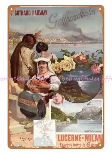 1892 Gotthard Railway Lucerne-Milan metal tin sign inspirational wall decor