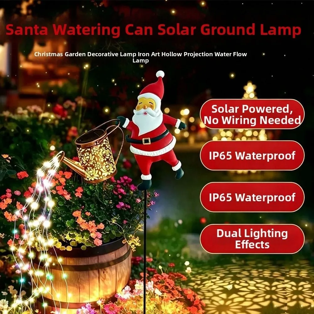 Solar Powered Christmas Solar Light Waterproof Weather Resistant Santa Claus Light Decorative Design Watering Can Shape