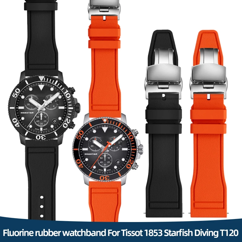 

Fluorine rubber watchband For Tissot 1853 Starfish Diving T120 waterproof Strap T120417A 21mm 22mm for IWC Breitling Omega