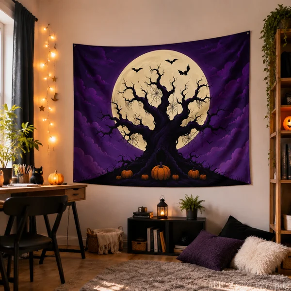 VIKAMA Big Spider Tapestry Spider Web Full Moon Bat Purple Night Wall Hanging Gothic Witchy Creepy Halloween Room Decor
