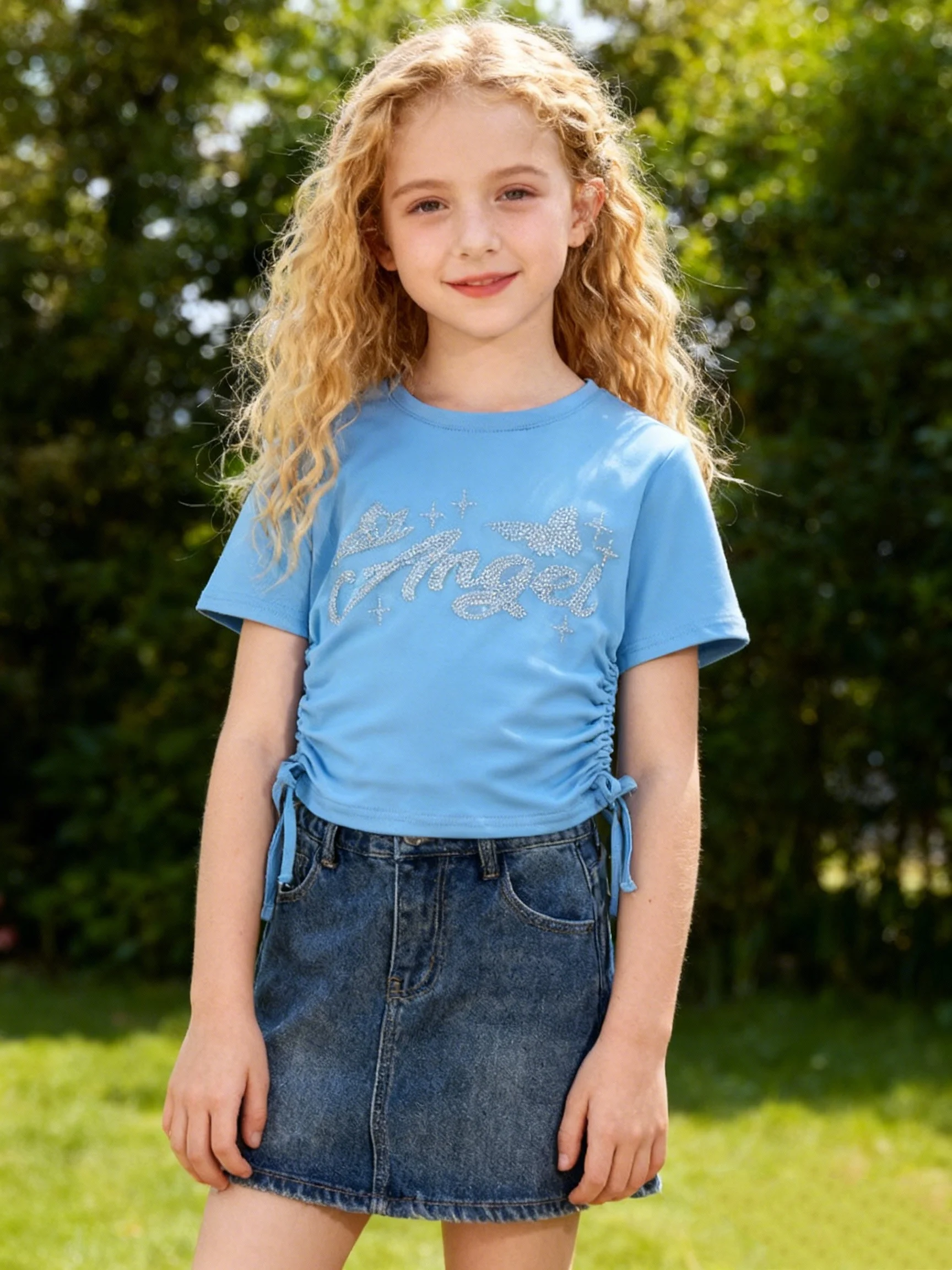 Summer New Girls' Short Sleeved Round Neck Letter Bead T-Shirt With Pleats, Waist Cinching Slimming Effect Casual Outdoor Top