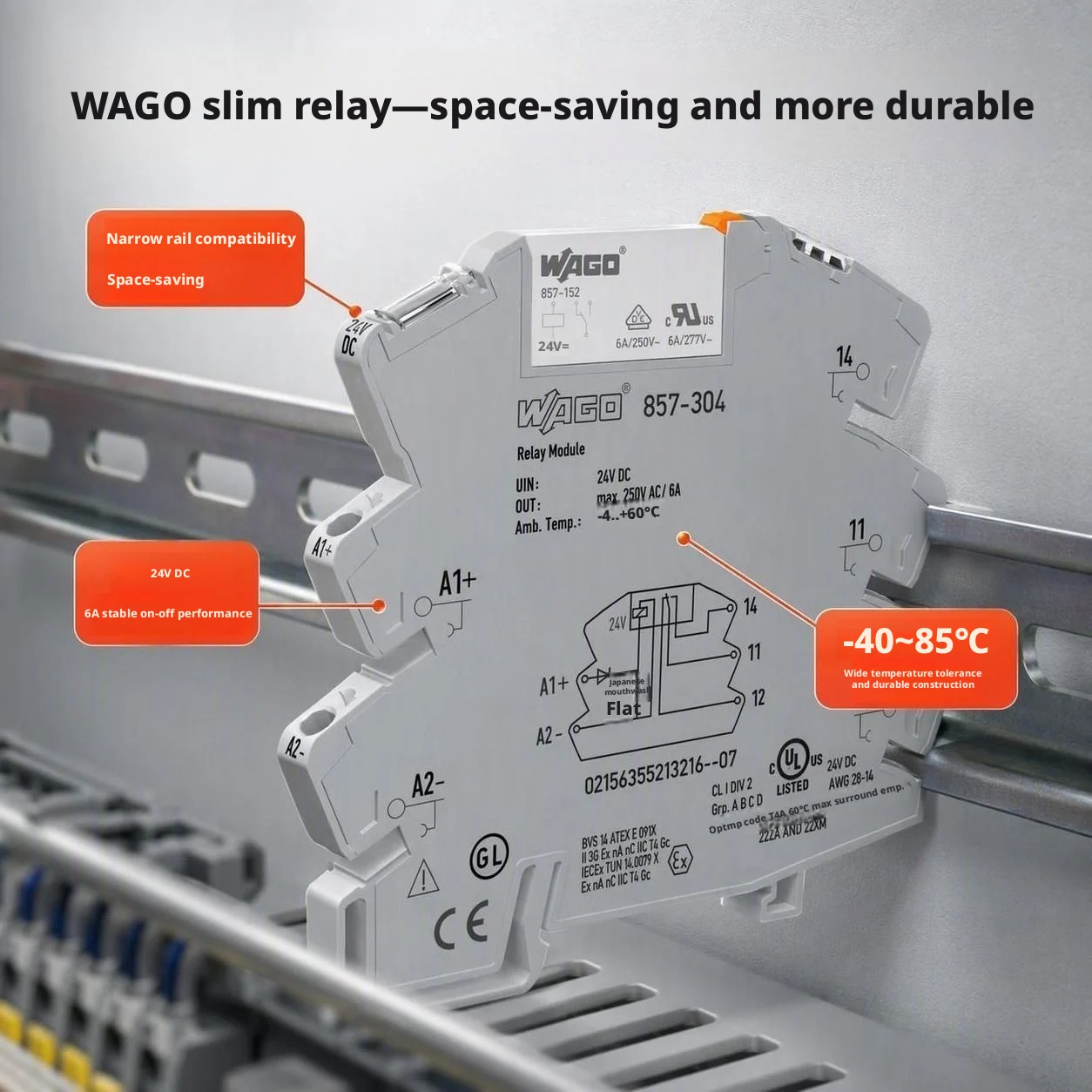 WAGO 857‑304 Relay Module 24VDC Input 1‑Change‑Over Contact 6A 250VAC 6mm Width DIN‑Rail Mount With Yellow Status LED