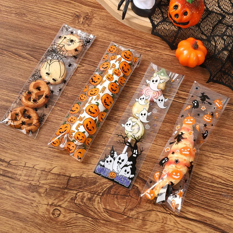 200pcs Mixed Style Halloween Long Self Sealing Bags Candy Biscuit Packaging Moisture Proof Snack Bag Party Prop