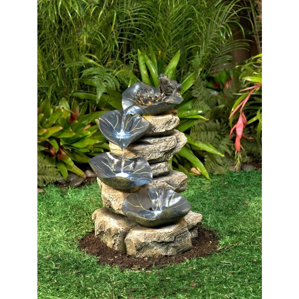 Frog and Four Lily Pad Rustic Outdoor Floor Water Fountain 21