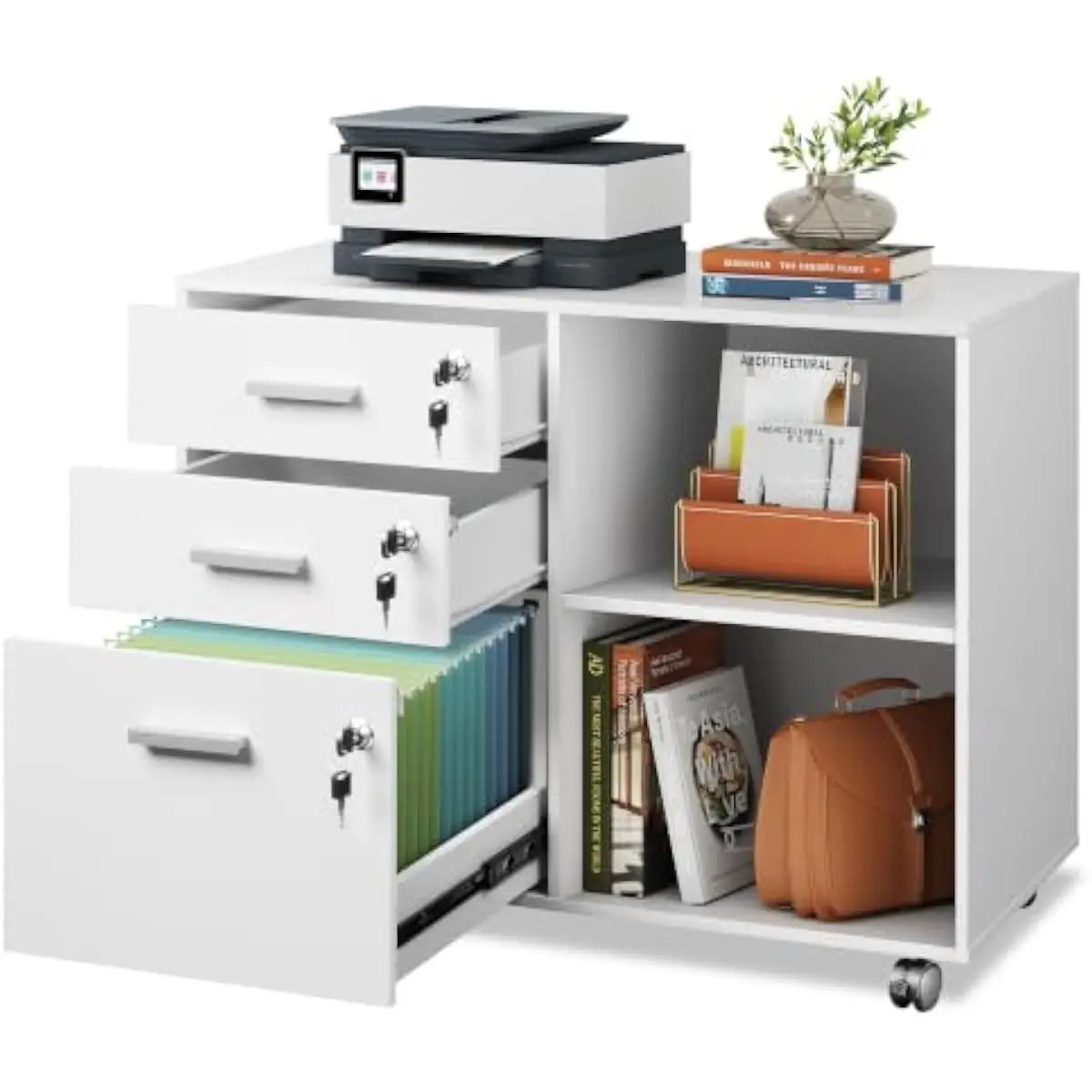 3-Drawer Lockable Mobile Filing Cabinet with Rolling Casters and Anti-Tip Base – Engineered Wood Construction – Waterproof Scrat