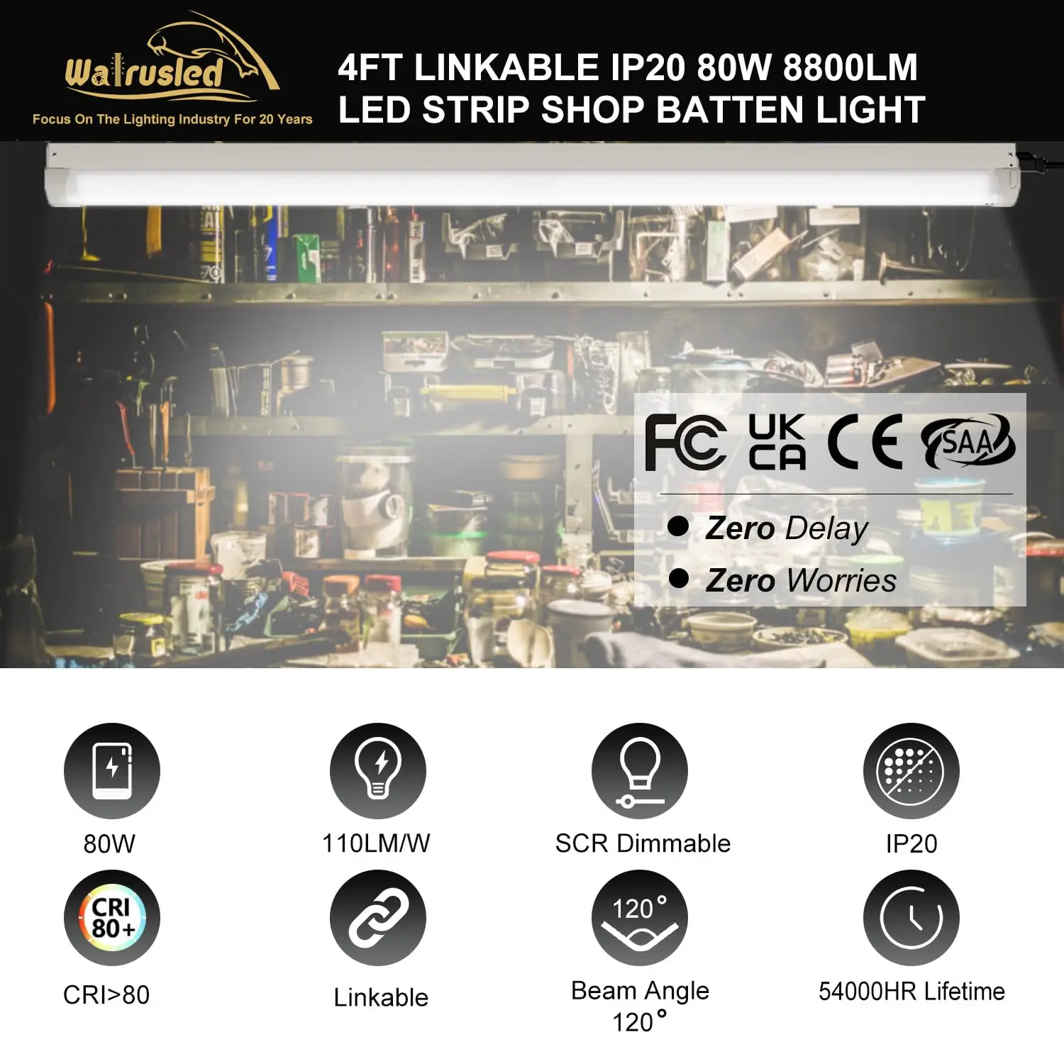 4 Foot Linkable Plug LED Linear Strip 80W Stairwell Light Fixture 8800lm 5000K SCR Dimmable LED Shop Lights with Power Cord, FCC