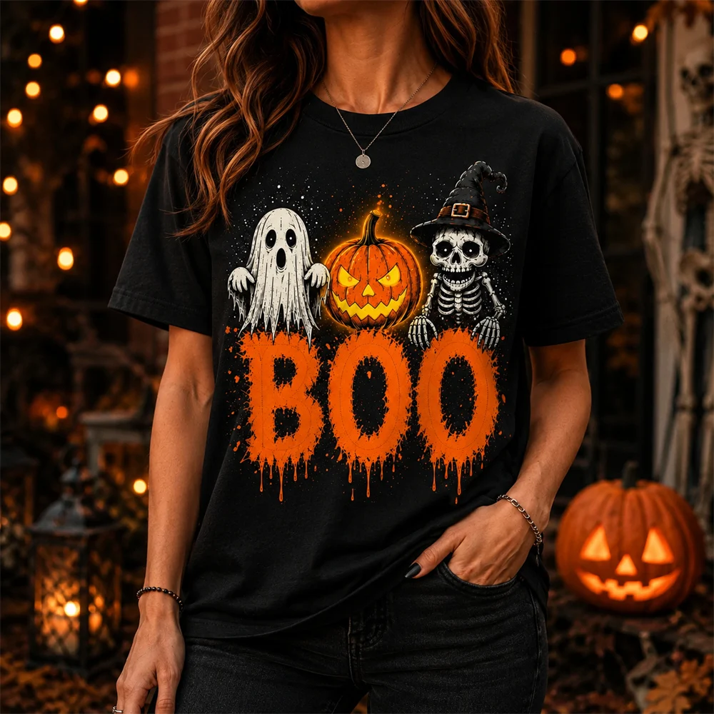 Men Women Halloween Graphic T Shirt 3D Print Pumpkin Ghost Black Short Sleeve Tee Cute Spooky Casual Streetwear Party Shirt