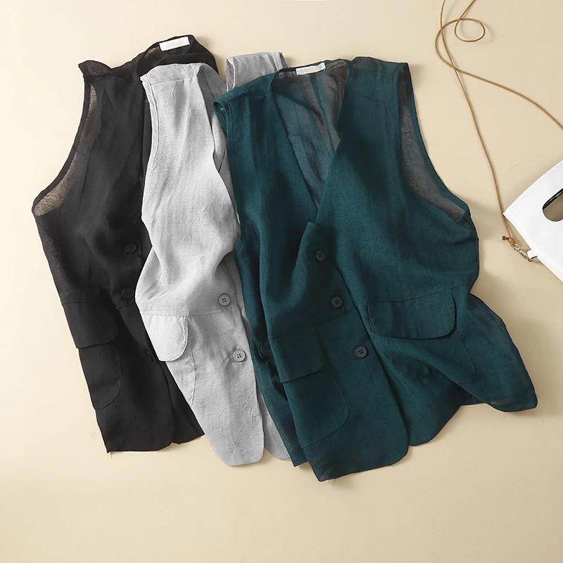 

Loose Cotton Linen Vest Women's Svel Suit Jaet Tagl Faion Commute Sle V-Ne Single Button ket Detail