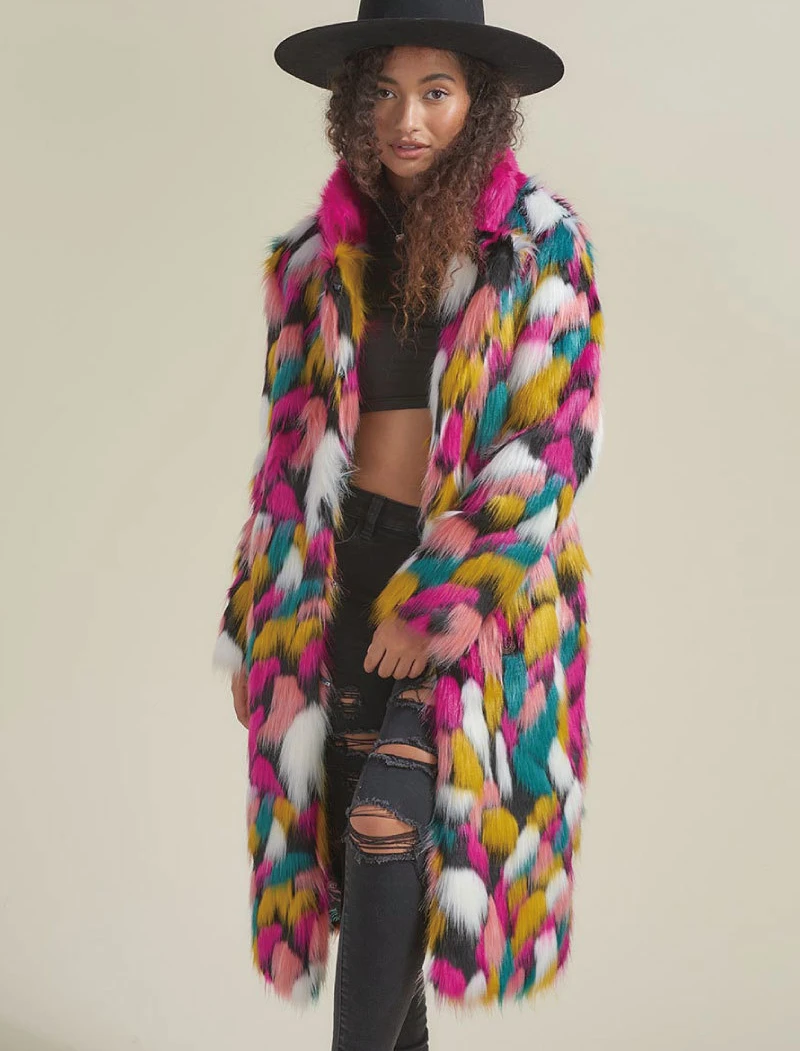 Rainbow colored Faux Fur Jacket For Women Coat Vintage Long Sleeve Fluffy Autumn Winter Warm Long Coats Bohemian Gpsy Outwear