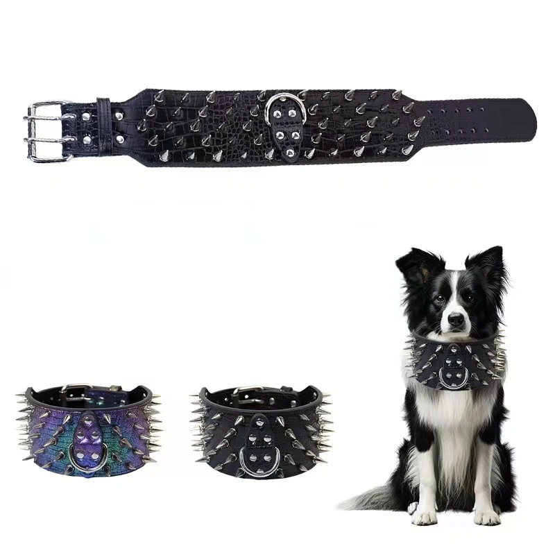 Pet Collar with Cone Spikes, PU Leather Laser Crocodile Texture Neck Collar, Neck Protection for Medium & Large Dogs