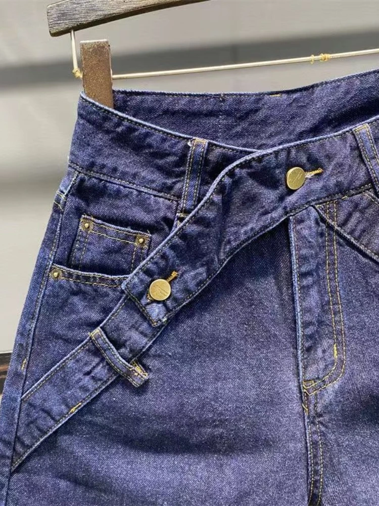 Fashion Vintage Denim Shorts Solid Color Patchwork High Waist Pockets Design Fifth Pants Casual Loose All Match Women's Clothing