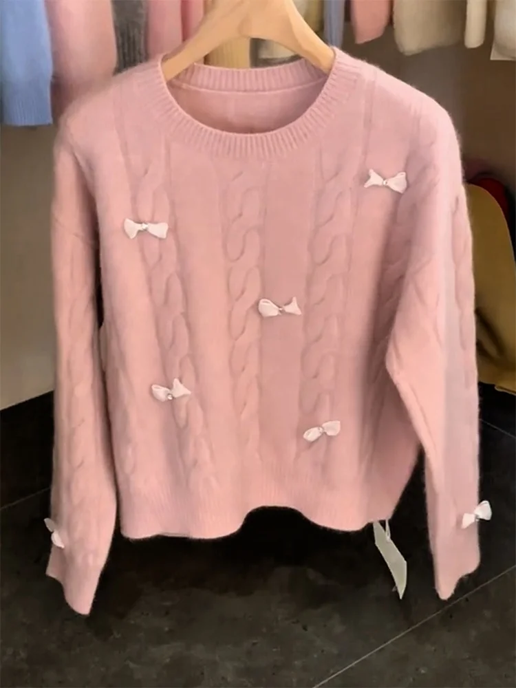 

Korean Sweet Sle Knot round Ne Sweater plus Size Slimming Top for Women Autumn Winter New Arrival Comfortable W...