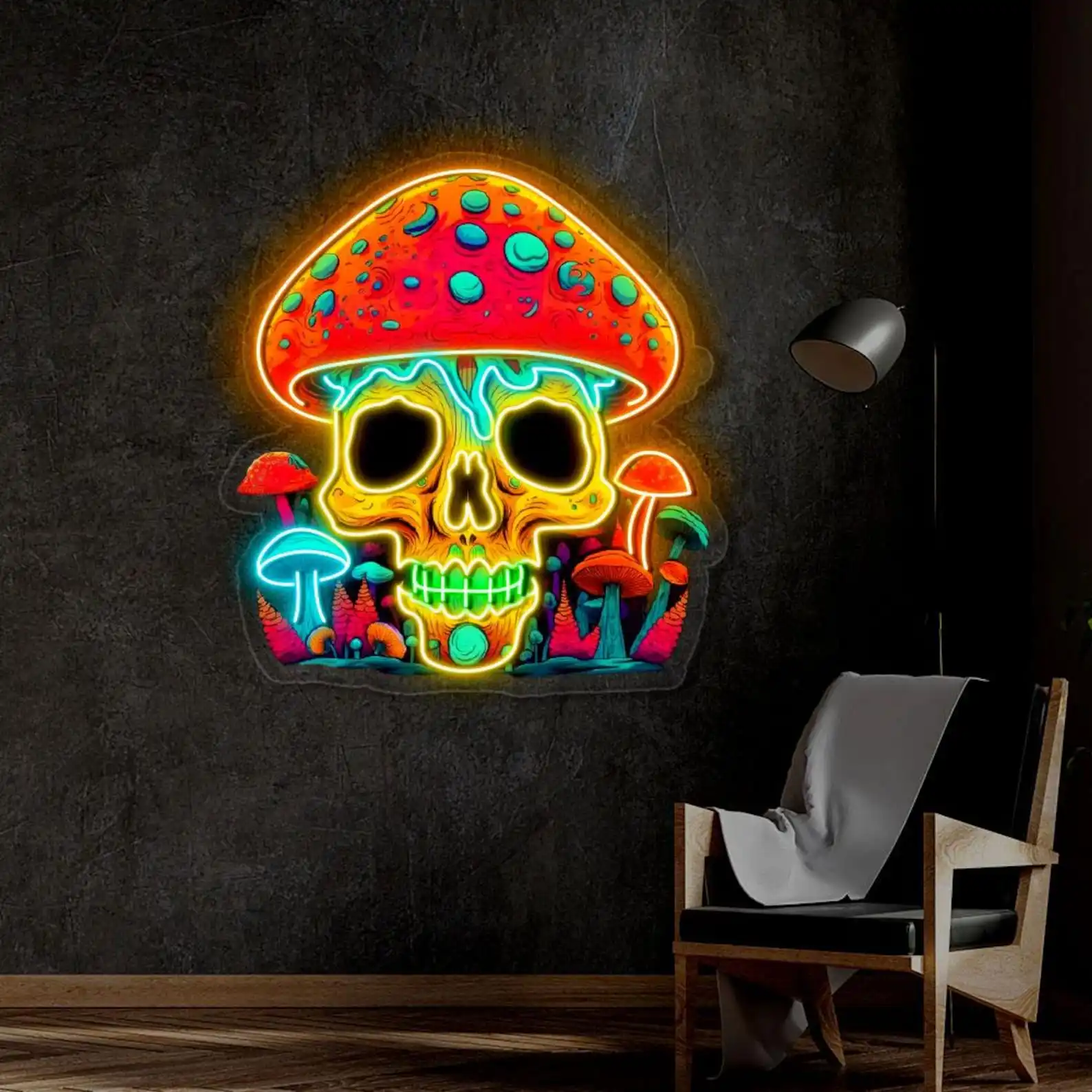 Skull Mushroom Neon Sign Wall Art Decor Scary Mushroom Neon Sign Custom Game Room UV Print Acrylic Home Decor