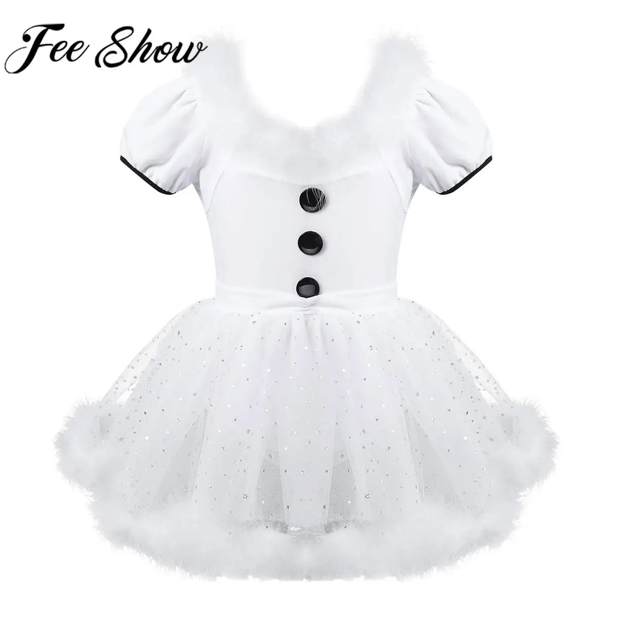 

Детское рождественское танцевальное платье со снеговиком для девочек, костюм для фигурного катания, балета, гимнастики, костюм с короткими рукавами и перьями, блестящий сетчатый купальник-пачка