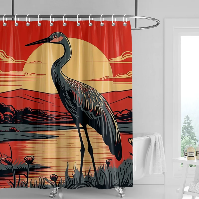 

Занавеска для душа Black Crane Sunset — элегантная птица с апельсиновым небом, гигантское желтое солнце и горное отражение, водонепроницаемая