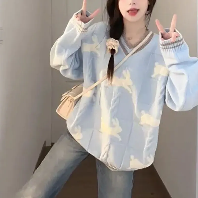 

Preppy Style Rabbit V-Neck Sweaters Autumn Winter Cartoon Loose Women's Clothing Stylish Jacquard Weave Casual Knitted Pullovers