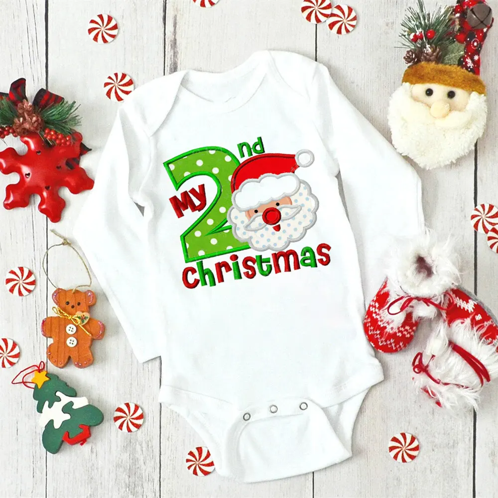 Mein Zweites Weihnachten Neugeborenes Baby Langarm Strampler Cartoon Hirsch Santa Print Outfits Säugling Taufe Bodys Kleidung Weihnachtsgeschenke