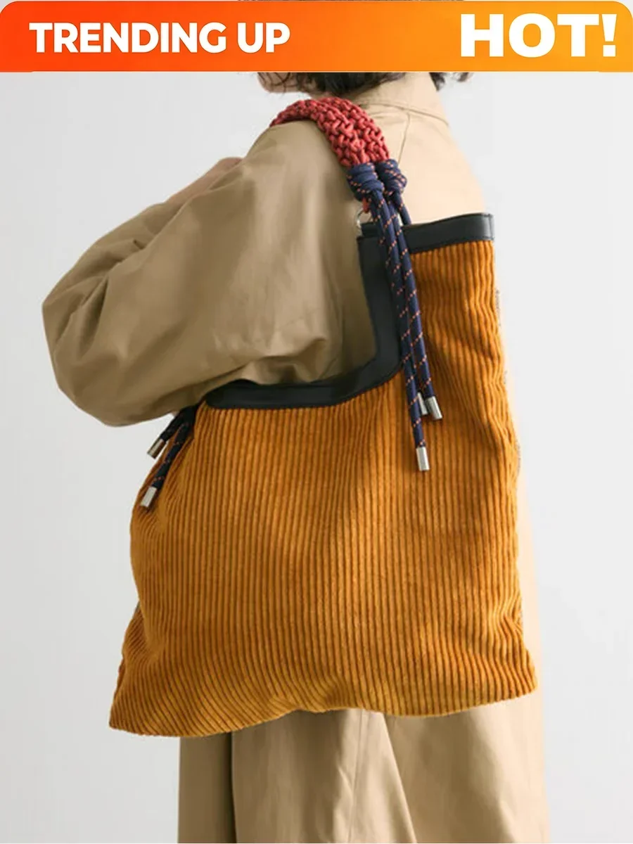 Women Bags Corduroy Fashion Vintage High-Capacity Tote Bags Weaving Handle Office Lady Girls Bag