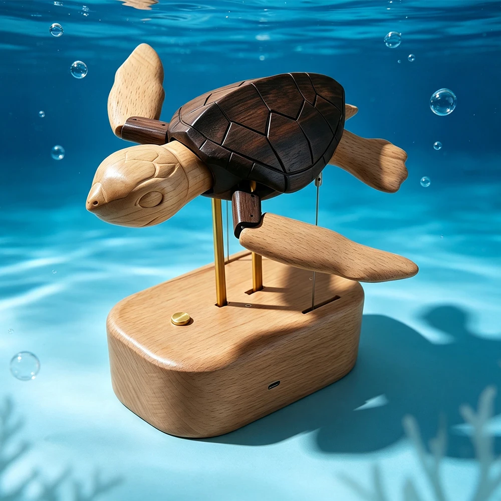 Kinetic Wooden Sea Turtle Model, Bionic Marine Animal Sculpture Desk Ornament, Handcrafted Automaton Kinetic Art Desk Accent
