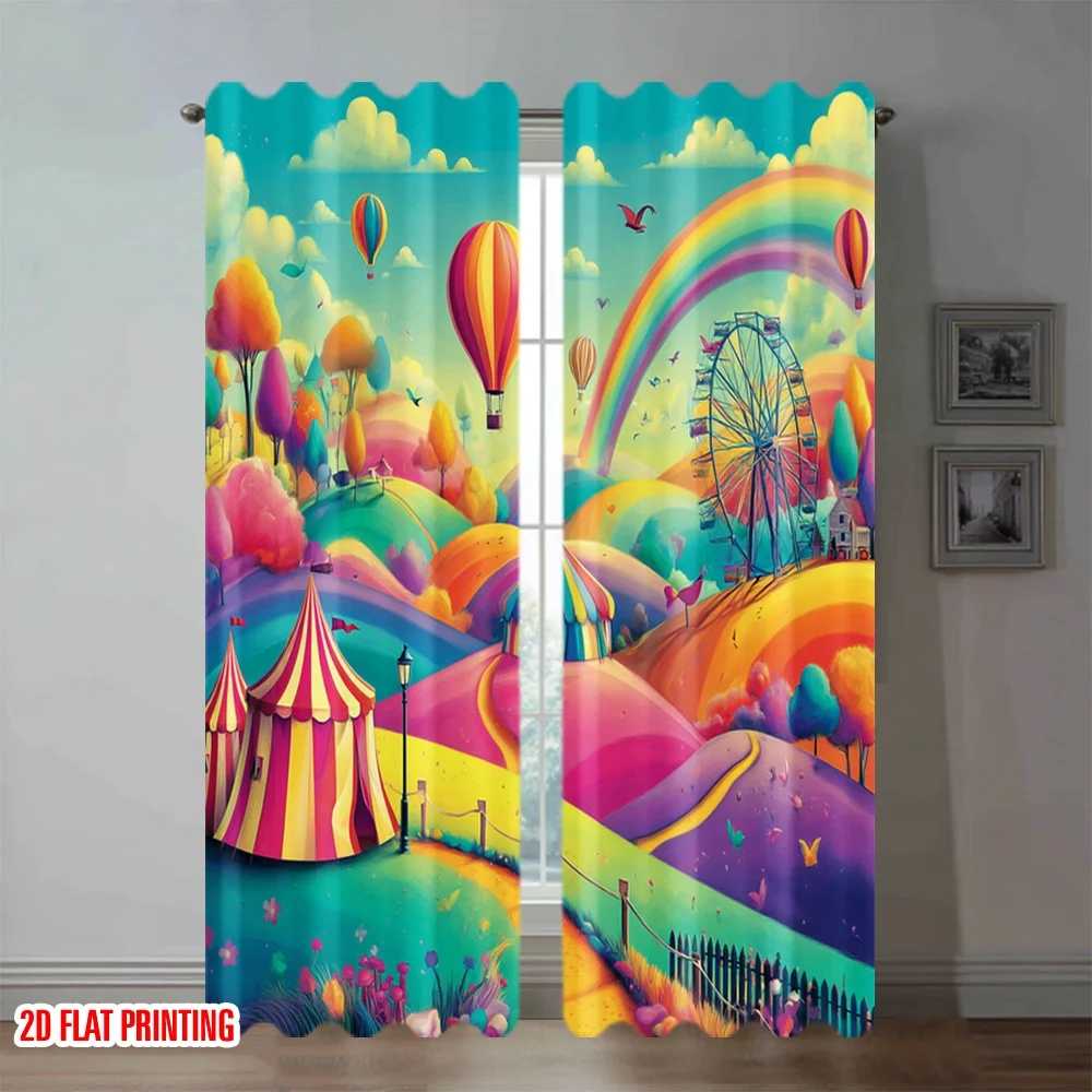 Colorful Carnival Curtains, Fantasy Amusement Park Window Drapes, Rainbow Hot Air Balloon Decor Blackout Fabric for Kids Bedroom