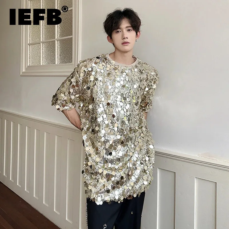 IEFB Loose Pullover Male T-shirts Round Collar Short Sleeve Sequins Men\'s Casual Tops New Trend Summer 2024 Stylish 9C6105