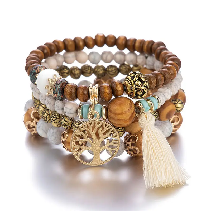 4PCS Bohemia Tree Of Life Charm Beaded Bracelet Set Fashion Tassels Charm Wooden Beads Elastic Chain Bangle Trendy Party Jewelry
