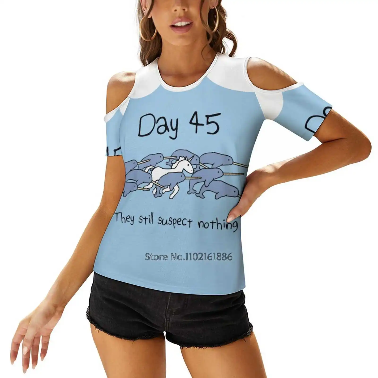 Day 45. They Still Suspect Nothing ( Narwhals Unicorn ) Women Print T-Shirt Summer Casual Tops Streetwear T Shirt Boho Ladies