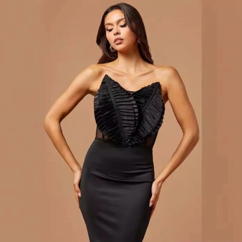 Bandage Dress European and American New Chest Three-Dimensional Design Mesh See-through Stitching Bandage Temperament Dress