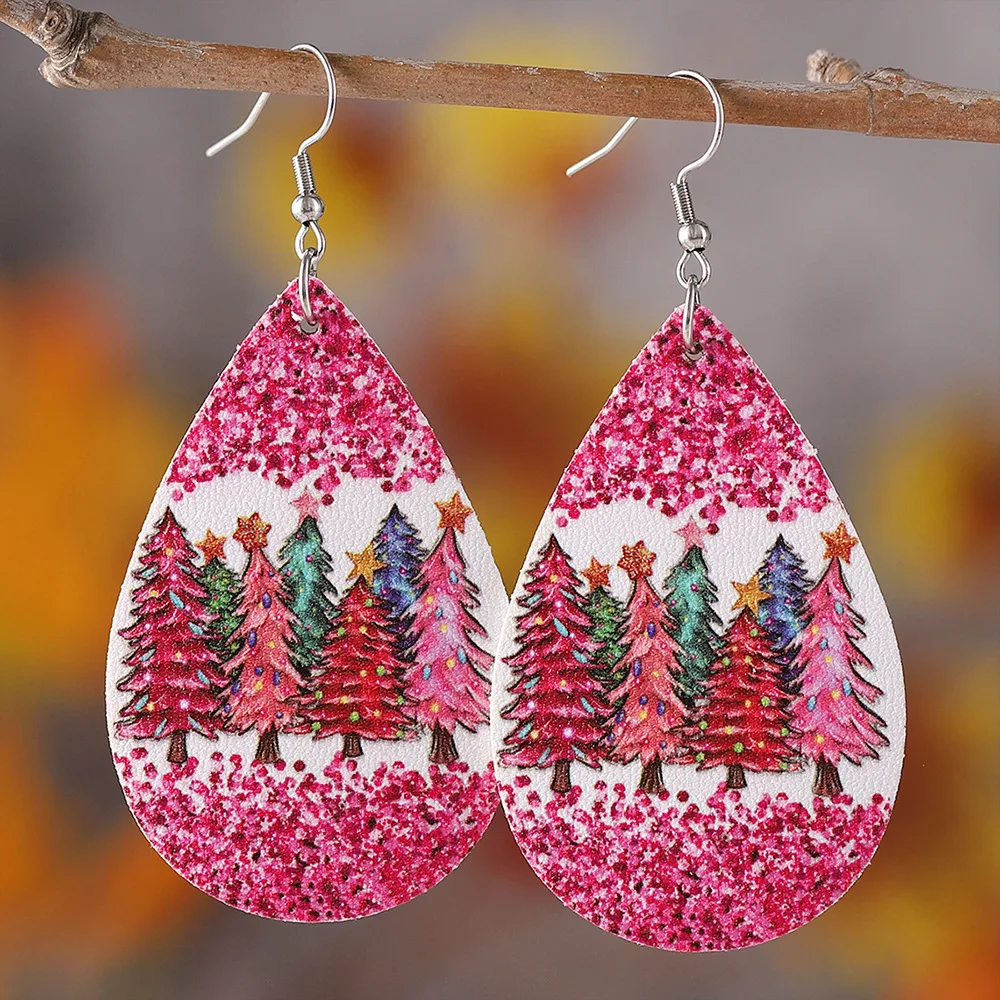 Amazon Europe and America are fresh, sweet and cute Santa Claus water drop-shaped PU leather double-sided earrings