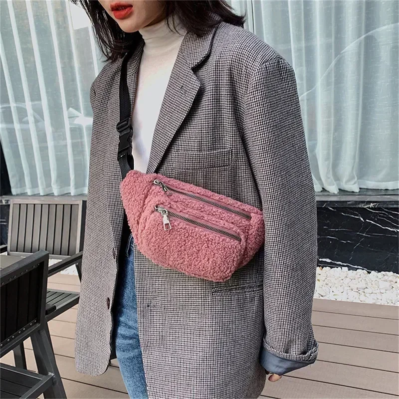 Peluş kadın bel çantası düz renk kemer çanta omuz Crossbody göğüs çanta marka tasarımcı kadın Fanny paketi muz kalça çanta