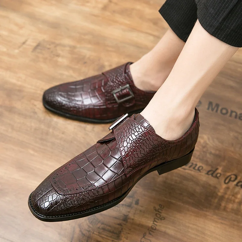 Men Formal Shoes Cap Toe Buckle Brown Classic Style Mens Dress Shoes Crocodile Prints Brogue Leather Men Banquet Wedding Shoes image 3
