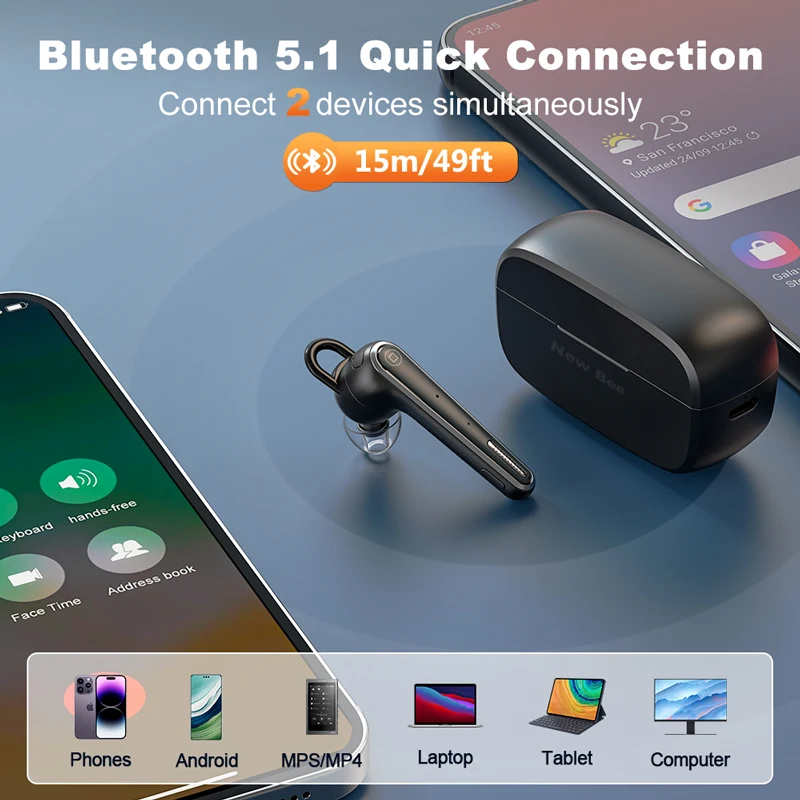 جديد Bee سماعة رأس بخاصية البلوتوث ميكروفون مزدوج كتم 500mAh سيارة القيادة سماعة يدوي شحن حالة لاسلكية واحدة الأذن الأعمال