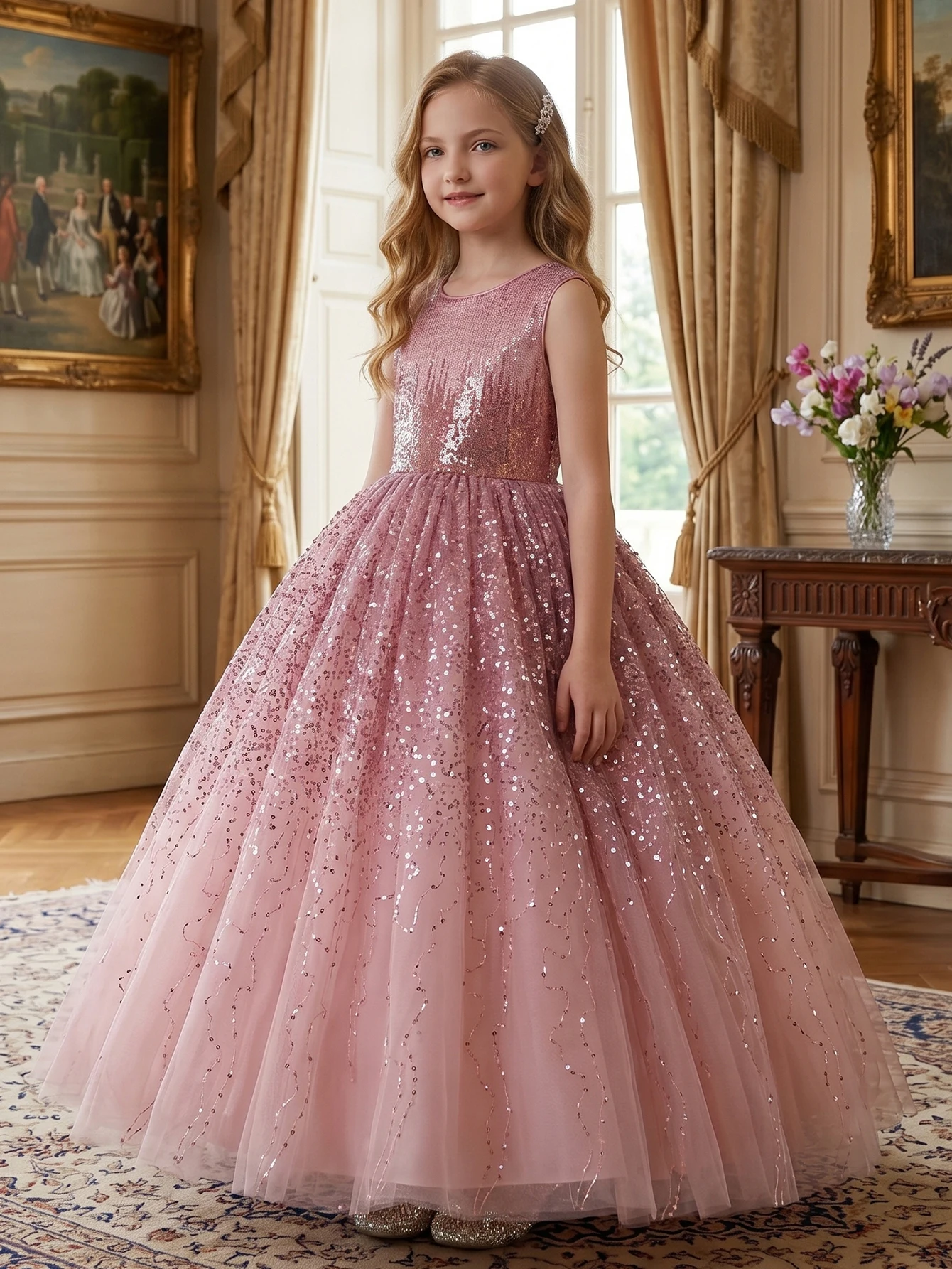 Tween Girl Pink Sleeveless Blouse with Sequins Netting Party Dress, Birthday, Formal Occasions, Prom Dress, Weddings, Partywear