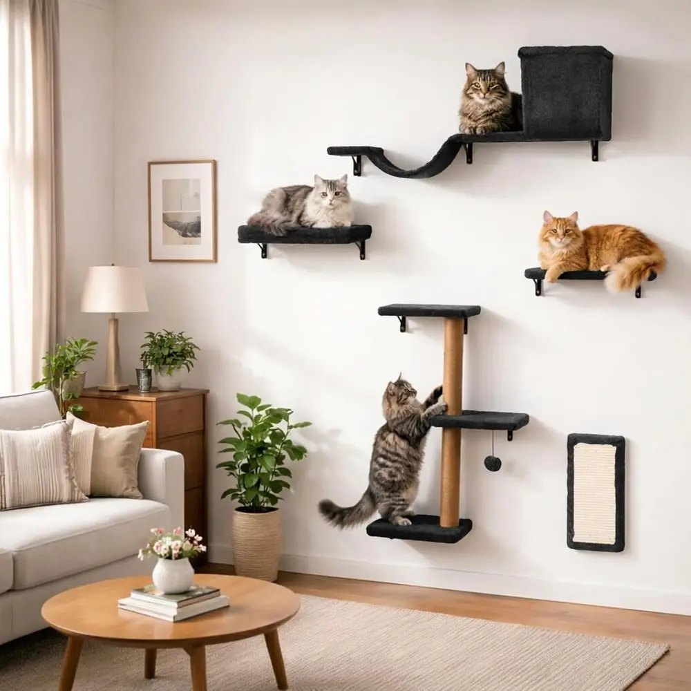 

Multi-Level Wall-Mounted Cat Furniture with Bed, Cave, Scratching Post, and Perch in Natural Wood Grey