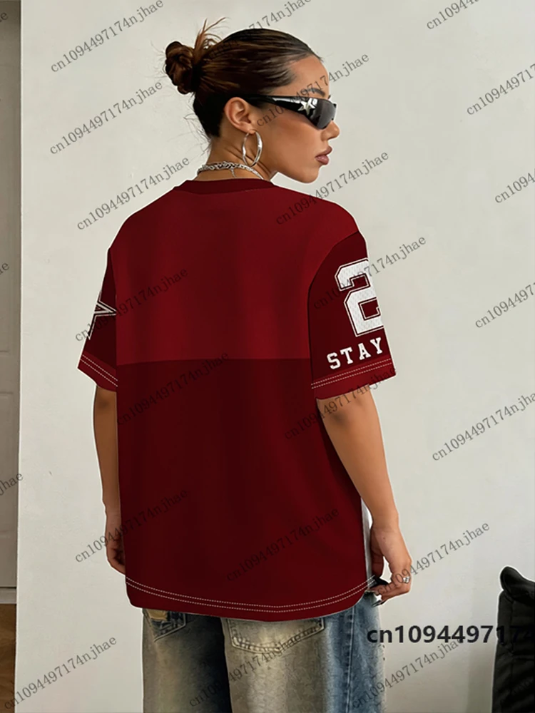 Oversized T-shirt For Women V-Neck Short Sleeve Summer Patchwork Stay Strong No.23 Print Sports Tops Football Jersey Y2k Tees