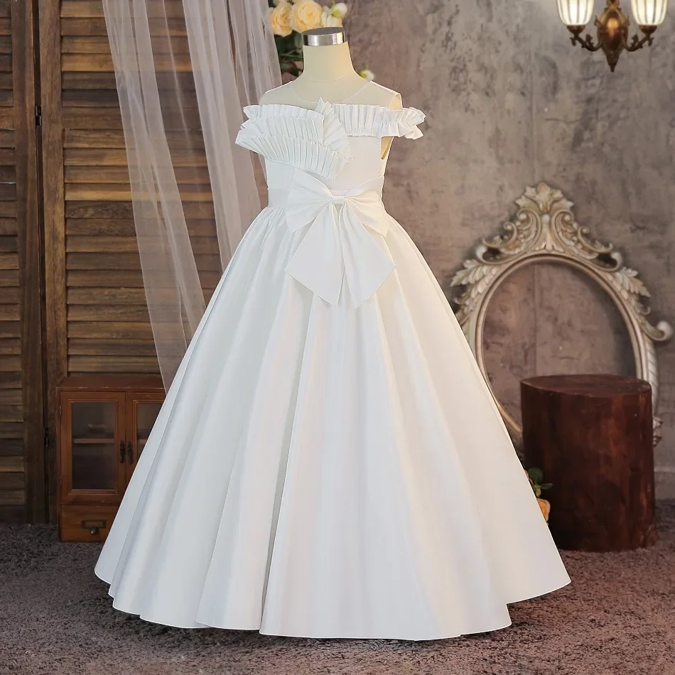 Girl Bow White Long Dress Wedding Bridesmaid First Communion Princess Kids Party Dresses for Girls Birthday Evening Gown ASQ03