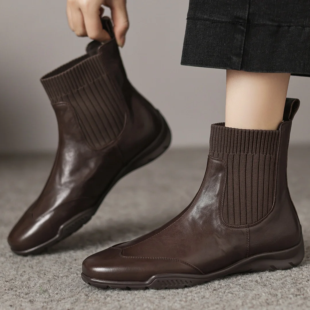 

Women's cow leather stretch knit patchwork slip-on autumn ankle boots high quality soft comfortable casual female short booties