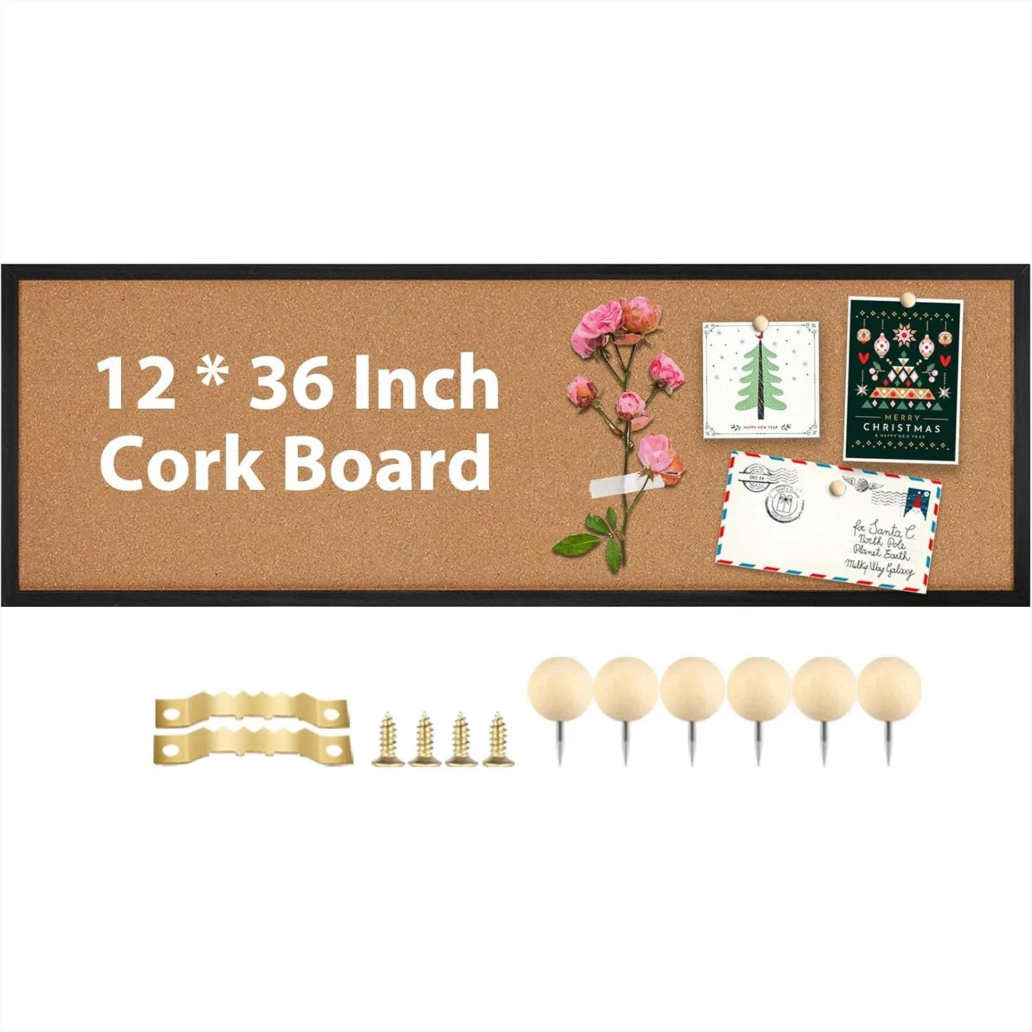 

Natural Cork Bulletin Board with Black Frame, 11.8x35.4 Inch Wall Mounted Pin Tackboard for Home Office School, Self-Healing