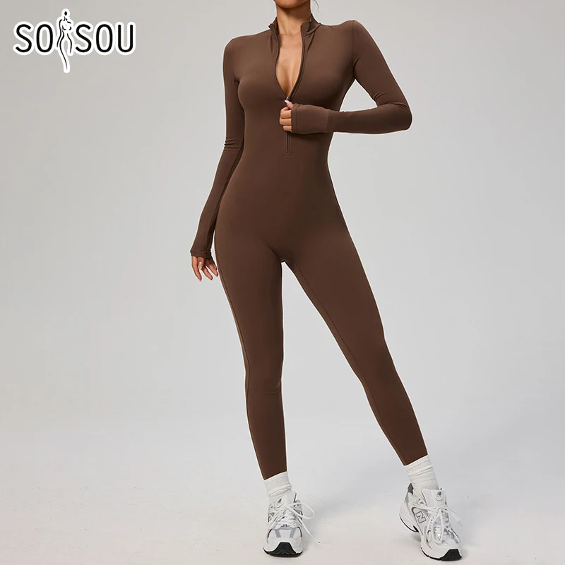 SOISOU Zipper Jumpsuit Women Quick Dry Clothing Sportswear Woman Gym Yoga Sport Sets Spandex Nylon Workout Sets Women Tracksuit