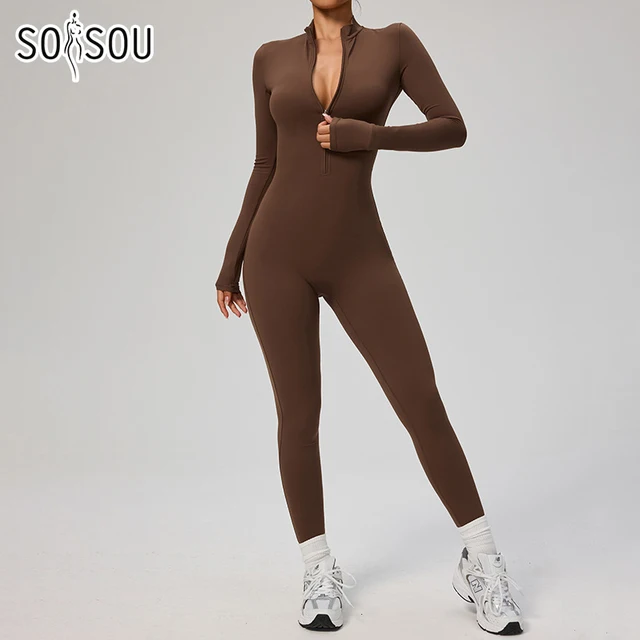 Soisou zíper macacão feminino roupas de secagem rápida roupas esportivas mulher ginásio yoga conjuntos esportivos elastano náilon conjuntos de treino feminino agasalho