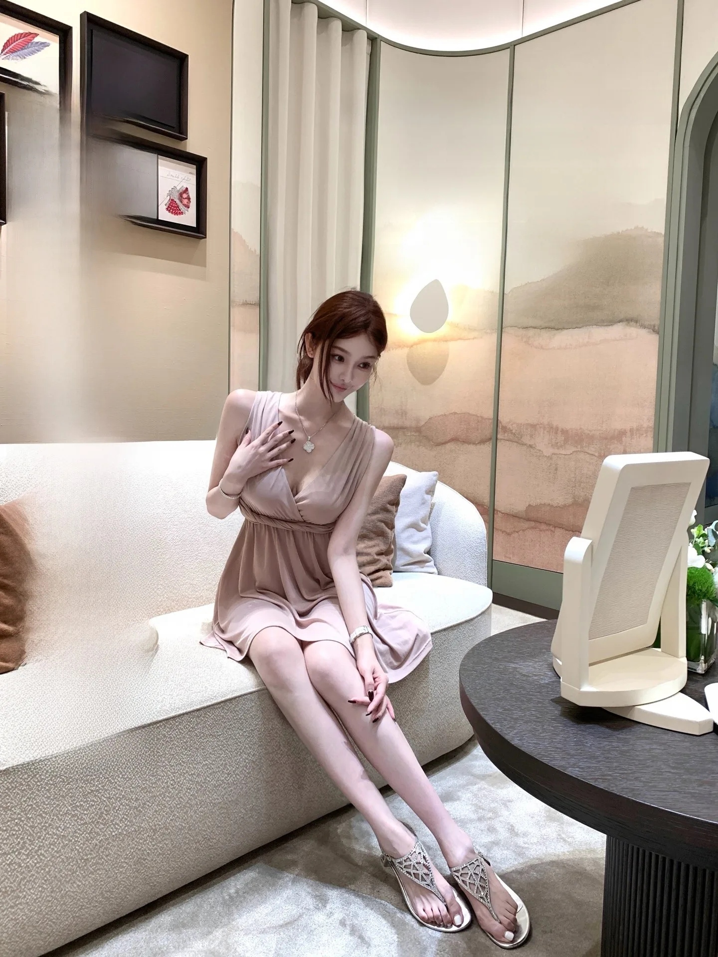 

Sexy Pink V-Ne Knitted Dr Budapest Cherry Blossom Series Loose ort Svel Women's Dr Pure Desire Sle Summer D...