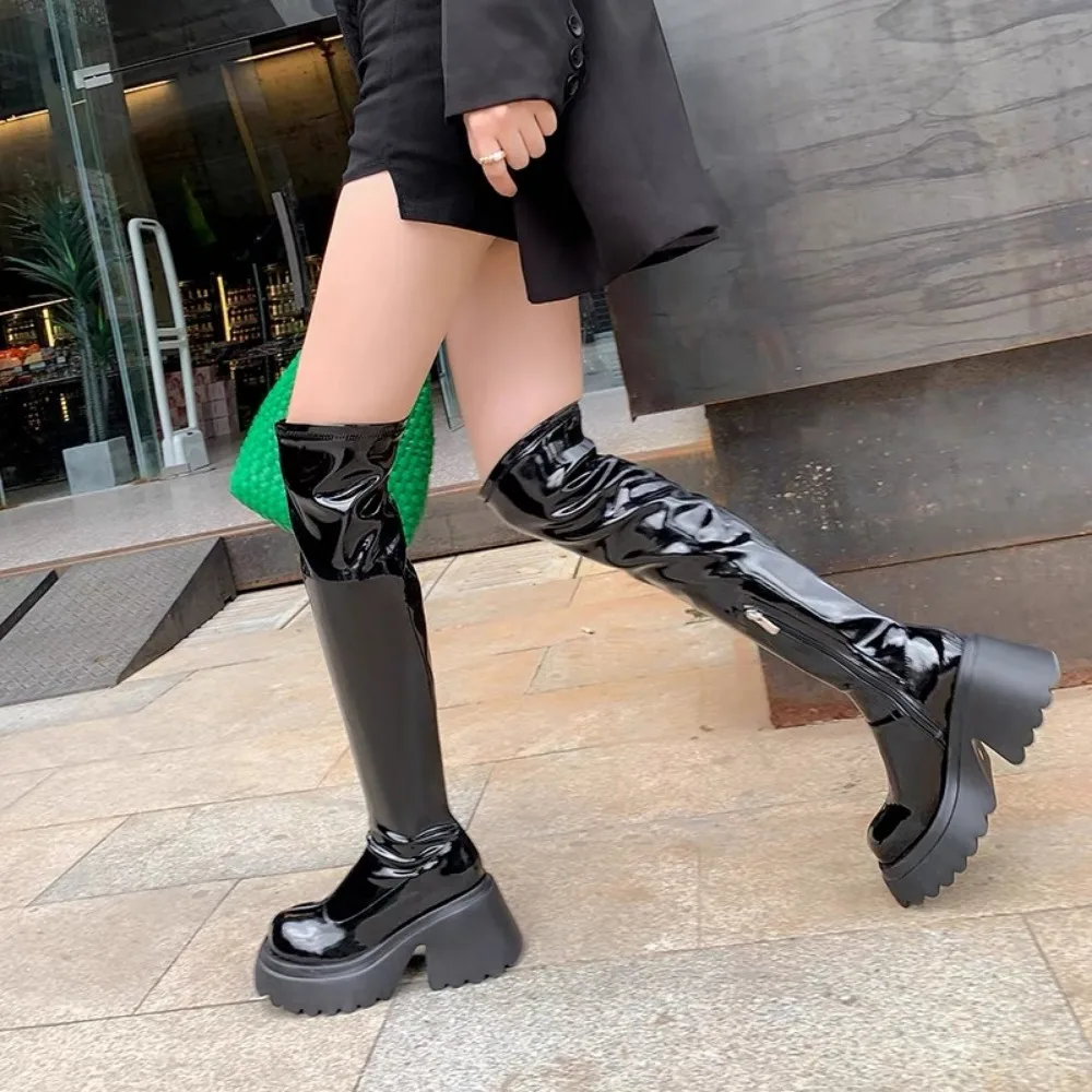 Punk Style Woman High Boots Zipper Fashion Patent Leather Long Booties Autumn Winter High Heel Ladies Shoes