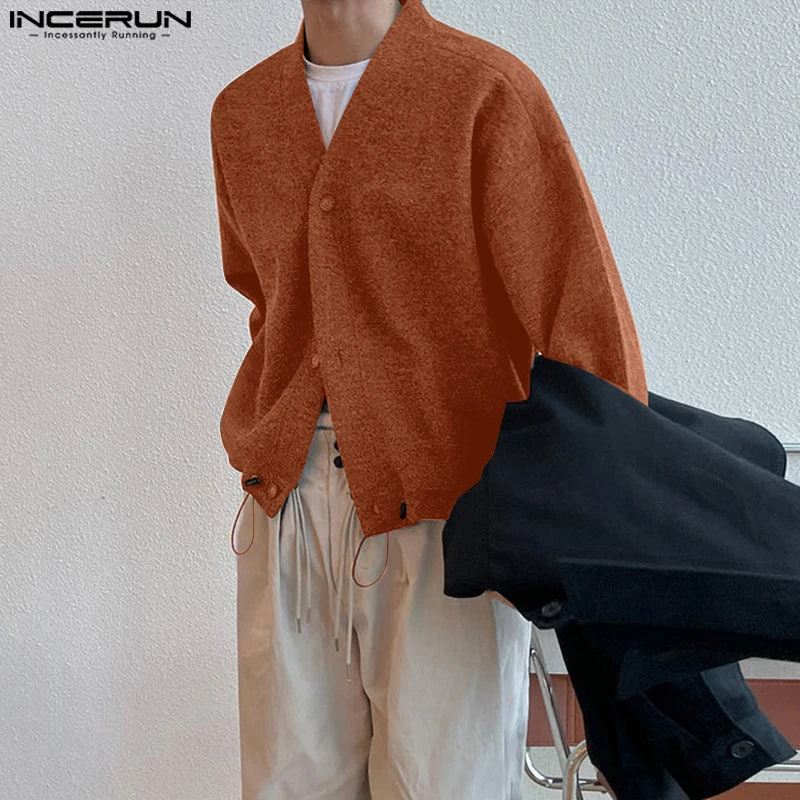 INCERUN Men Cardigan Solid Color V Neck Long Sleeve Button Casual Male Sweater Streetwear Knitted 2025 Fashion Sweater Coats Men