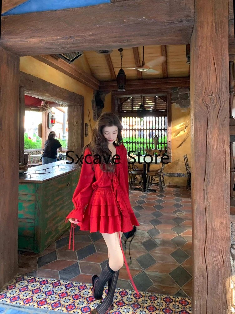 2023 Autumn Red 2 Piece Dress Set Women Casual V-Neck Y2k Crop Tops + Mini Skirts Even Party Clothing Korean Style Fashion Suits