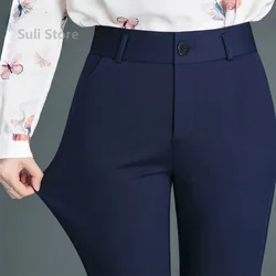 Pantalones rectos con botones elásticos para mujer, pantalón informal de cintura media, color negro y azul marino, traje de secado rápido para oficina, primavera y otoño