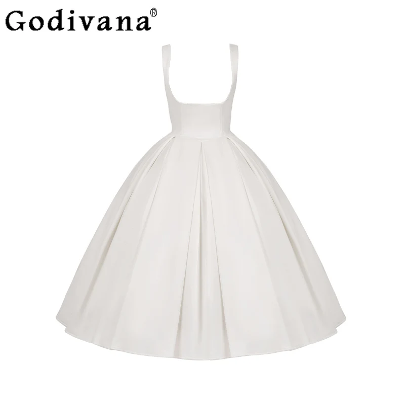 

New Solid Color Elegant Simple Lace-up Retro Long Suspender Dress Personalized Girl Sweet Flare Sleeve High Waist A-line Dresses