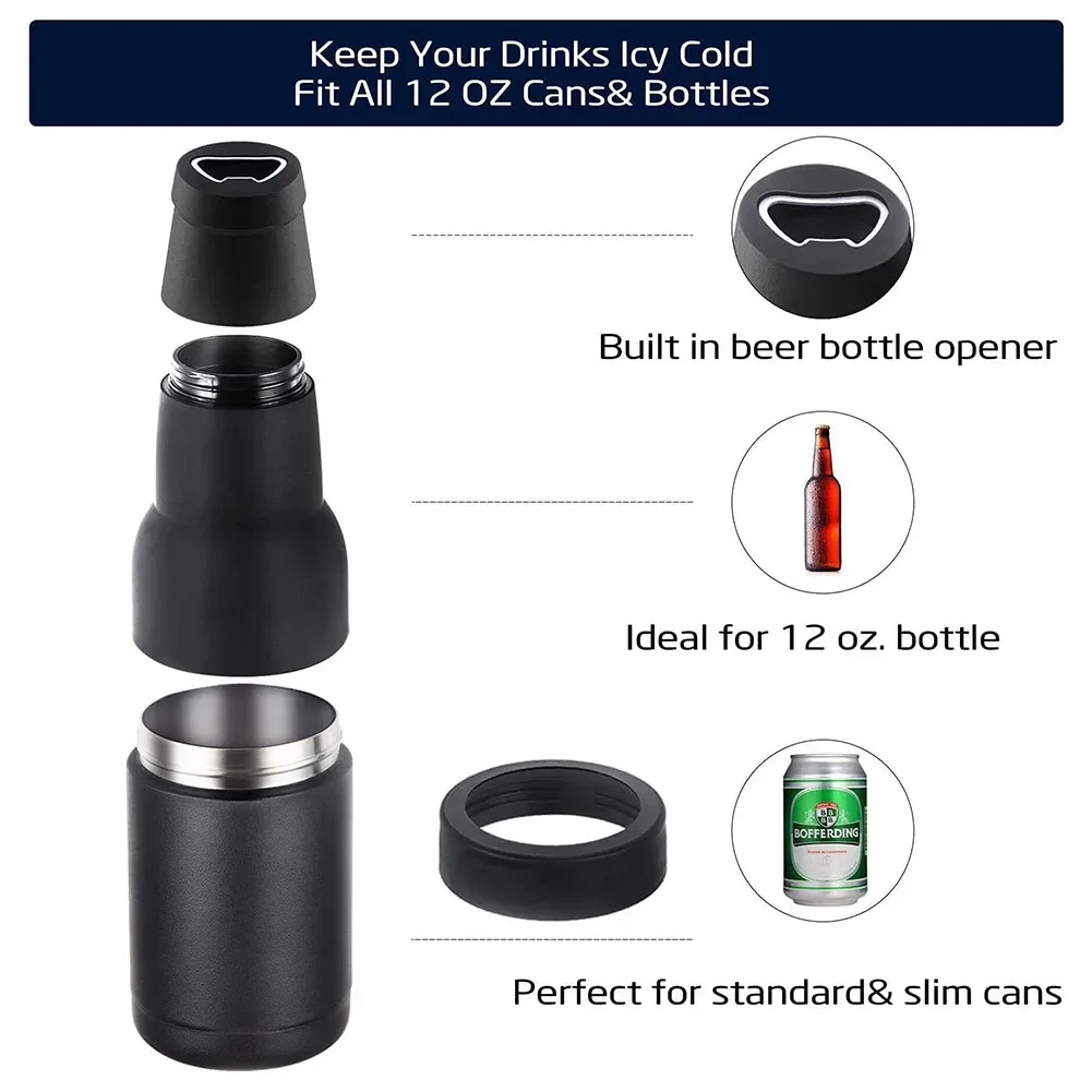 Double Walled Can Cooler with Beer Opener Slim Can Beer Bottle Insulators Holder Fits 12 Oz Standard Bottle Cooler Gifts for Men